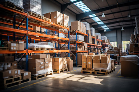 High angle view of shelves and boxes in warehouse. This is a freight transportation and distribution warehouse. Industrial and industrial backgroundの素材