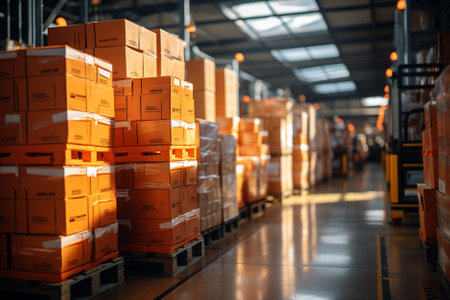 Orange boxes in warehouse. Industrial background. Shallow depth of field.の素材