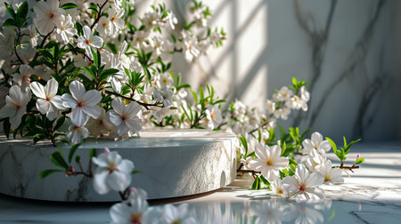 White marble podium with beautiful blooming sakura flowers. Mockup for designの素材