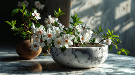 Bowl with beautiful blooming branchesle table, closeupの素材