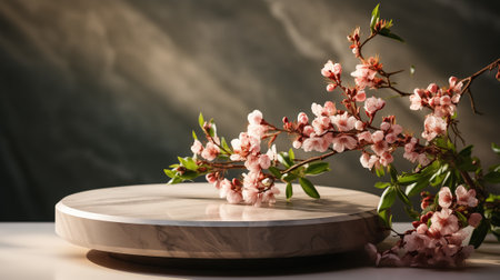 White marble podium with beautiful blooming sakura flowers. Mockup for designの素材