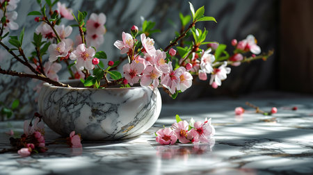 Spring cherry blossoms in a ceramic bowl on a white marble tableの素材