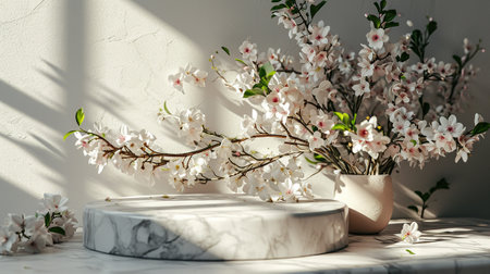 White marble podium with beautiful blooming sakura flowers. Mockup for designの素材