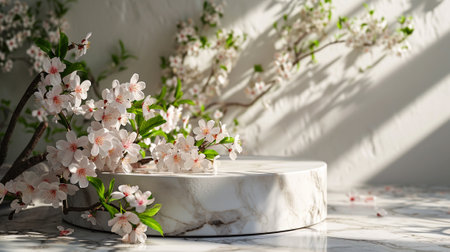 Podium for product presentation with cherry blossom on dark backgroundの素材