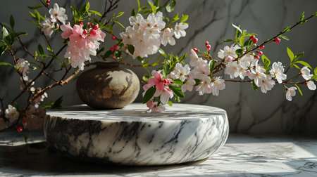 White marble podium with beautiful blooming sakura flowers. Mockup for designの素材