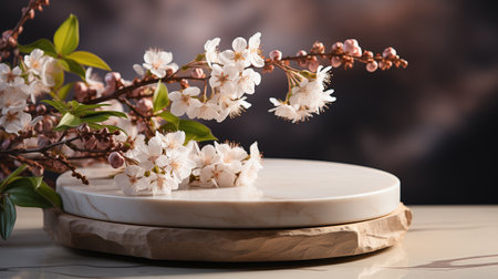 Podium for product presentation with cherry blossom on dark backgroundの素材