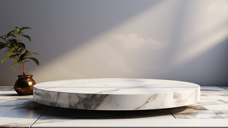 3d render of white marble podium with plant in vase.の素材