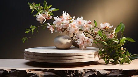 Podium for product presentation with cherry blossom on dark backgroundの素材
