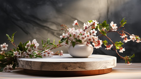 Cherry blossoms in vase on white marble stage. Space for textの素材