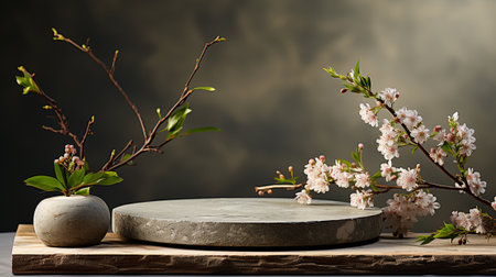 White marble podium with beautiful blooming sakura flowers. Mockup for designの素材
