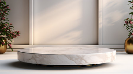 White marble podium on white marble floor and white background.の素材