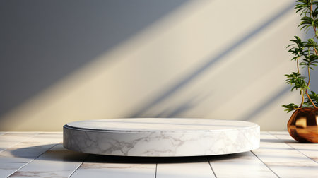 White marble podium on white marble table and brown background.の素材