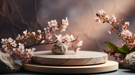 Wooden podium with cherry blossoms and stones on grey background.の素材