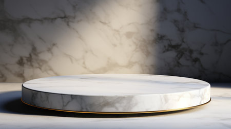 White marble podium on white marble table and brown background.の素材
