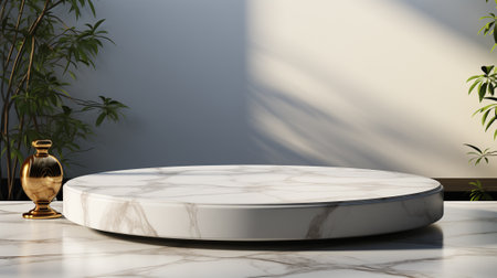 White marble podium and gold vase on white marble table. 3D renderingの素材
