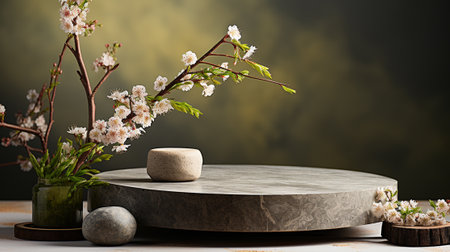 Cherry blossoms and stone podium for product presentation. 3D renderingの素材