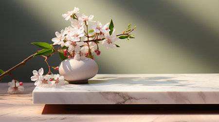 Cherry blossoms in vasele table against green backgroundの素材
