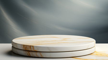 White marble podium on the white table and black background. 3d renderingの素材