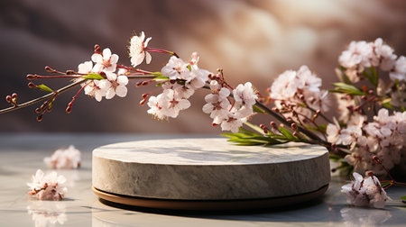 Wooden podium for product presentation with cherry blossoms on gray backgroundの素材