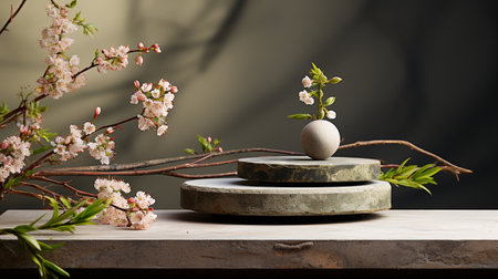 Cherry blossoms in vase and stone podium on dark backgroundの素材