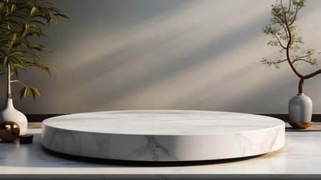 3d render of white marble podium for product display. Minimal design.の素材