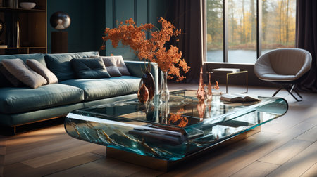 Interior of modern living room with a glass table and a sofaの素材