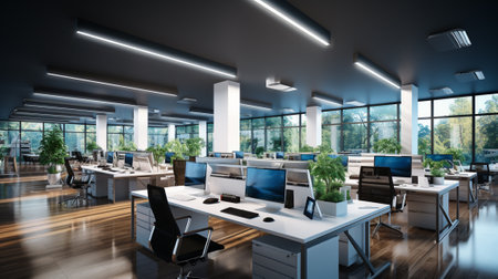 Modern open space office interior. 3d rendering mock up toned imageの素材