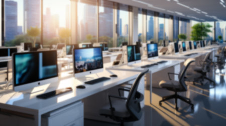 Modern office interior with computers and city view. Blurred background.の素材