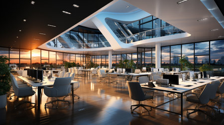 Modern office interior with city view and daylight. Blured background, selective focusの素材