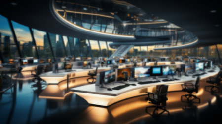 Blurred image of modern office interior with computers. 3d renderingの素材
