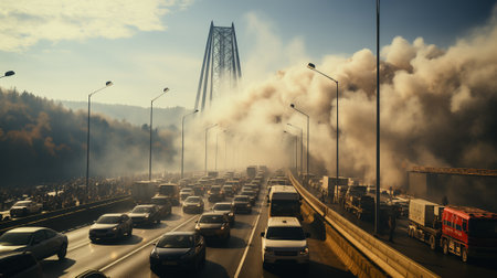 A traffic jam on a bridge over a river in fog and clouds of dust from a tornado.の素材