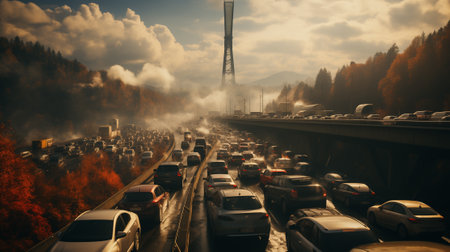 Traffic jam on a highway in the foggy morning. Car traffic on the road.の素材
