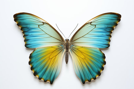Blue and yellow butterfly with shadow isolated on white background, 3D illustration. Generative Aiの素材