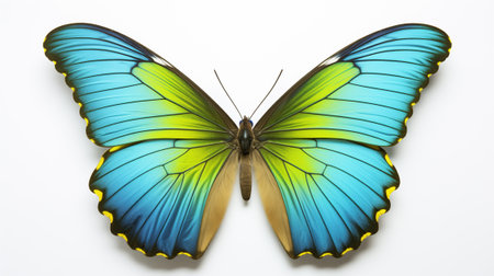 Blue and yellow butterfly with shadow isolated on white background, 3D illustration. Generative Aiの素材