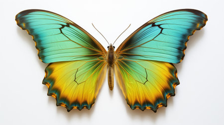 Blue and yellow butterfly with shadow isolated on white background, 3D illustrationの素材