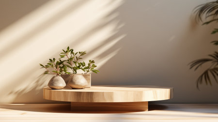 Wooden podium with plant in vase on table.の素材