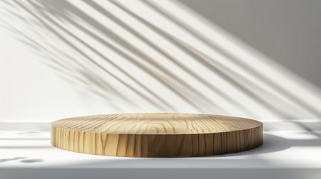 Wooden podium for product presentation in sunlight and shadows on the wall. Minimalistic abstract gentle light blur grey background.の素材