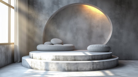 Minimalistic concrete room with round podiums. 3D renderingの素材
