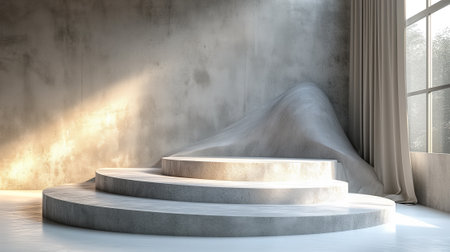 Concrete podium in empty room with window and sunlight. 3D renderingの素材