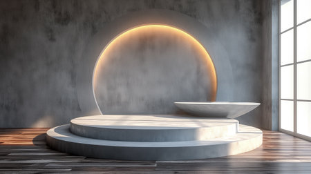 Minimalistic concrete room with round podium and sunlight. 3D Renderingの素材