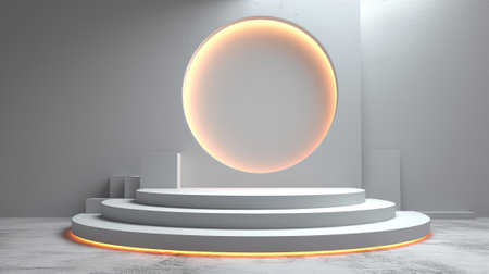 Minimalist scene with round podium and neon light. 3D renderingの素材