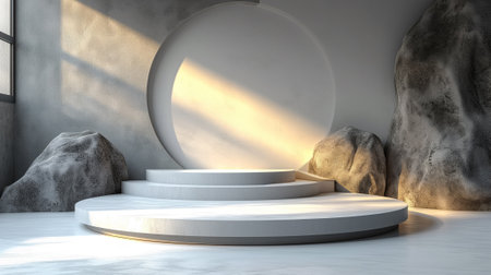 Minimalist interior design, 3d render, podium stage with sunlightの素材
