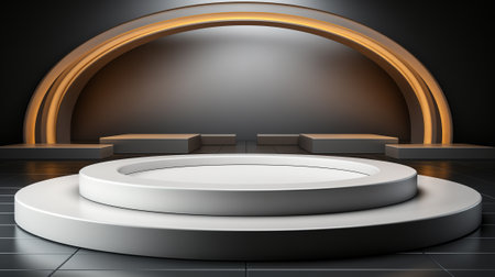 3d render of round podium with golden lights in the dark roomの素材