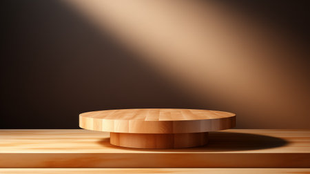 Wooden podium in the studio room. Mockup platform podium for product display on dark background.の素材