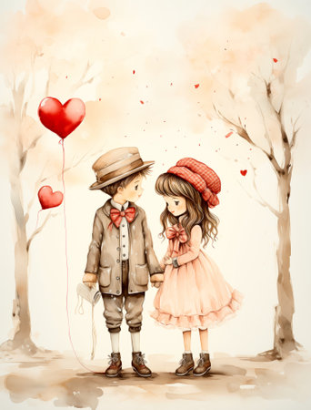 Valentine's day love concept. Cute little girl and boy in love with red heart-shaped balloons.の素材
