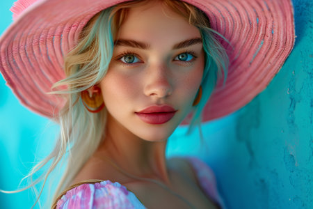portrait of a beautiful girl in a pink hat on a blue backgroundの素材