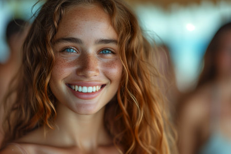 Portrait of beautiful young woman with freckles on her faceの素材