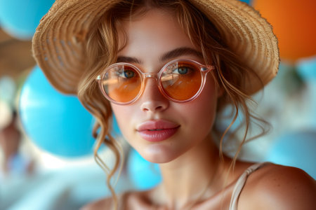 Close-up portrait of a beautiful girl in straw hat and sunglassesの素材