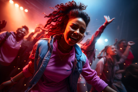 A young Caucasian woman is dancing at a concert having a good time at an open air venue in the night.の素材