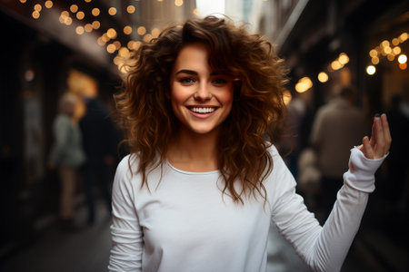 Portrait of beautiful young woman with curly hair in the city.の素材